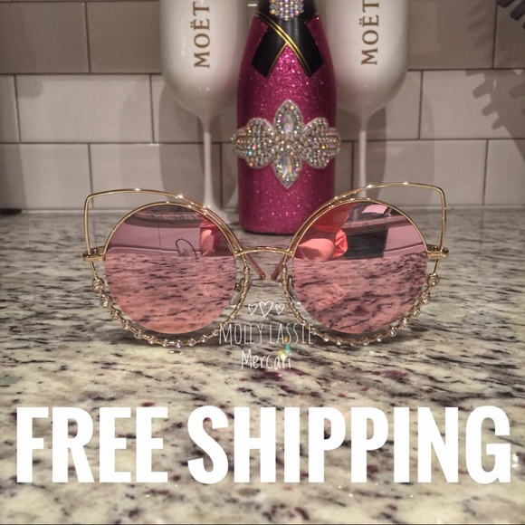 💕 PINK CRYSTAL RHINESTONE MIRRORED SUNGLASSES 💕 - Picture 4 of 5